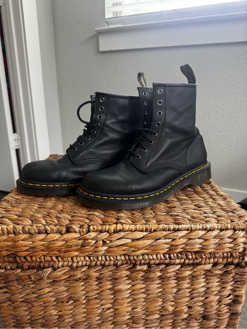 Dr. Martens Black Leather Lace-Up Boots with Yellow Stitching